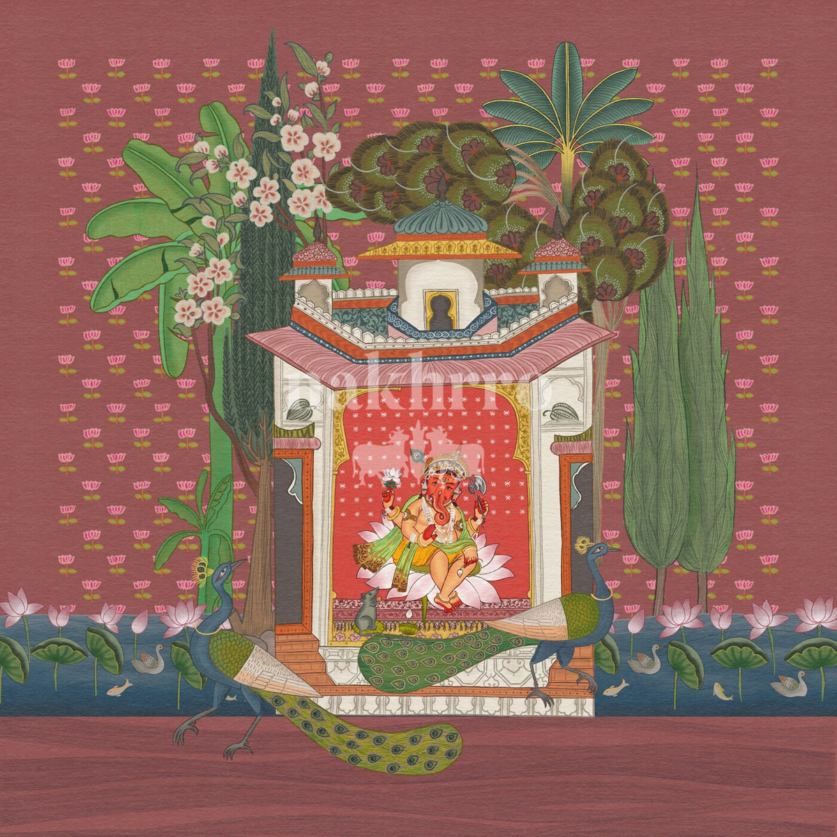 Ganesha seated in a richly detailed lotus garden pavilion