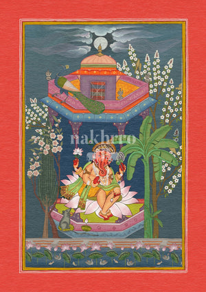 Ganesha seated in a colourful garden pavilion at night
