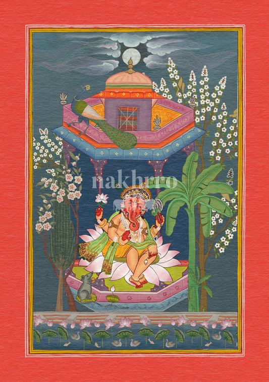 Ganesha seated in a colourful garden pavilion at night