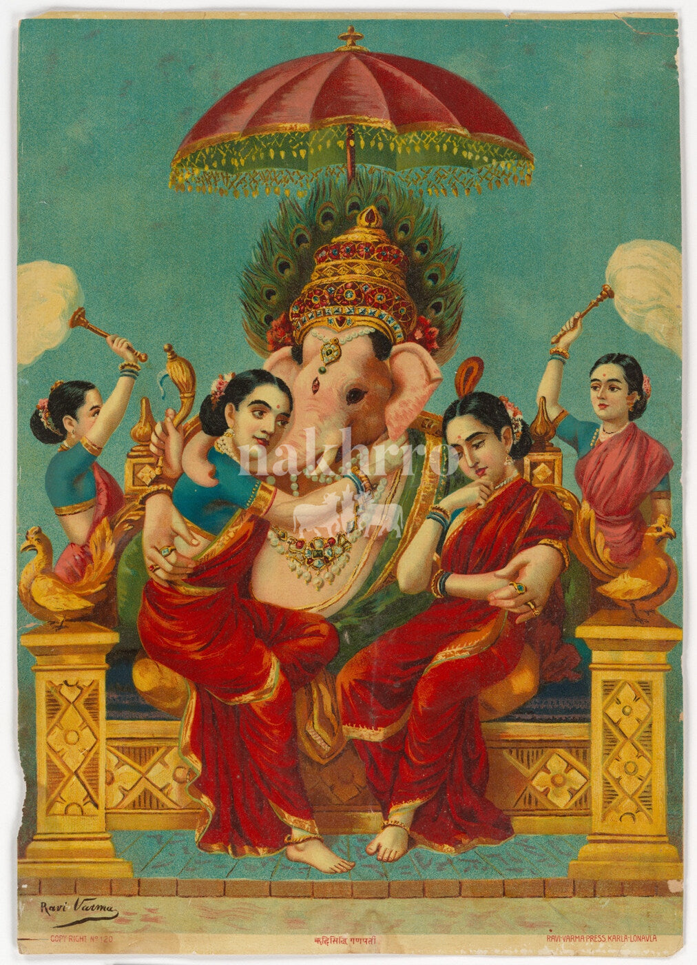 Lord Ganesha seated with Riddhi and Siddhi in vintage devotional art