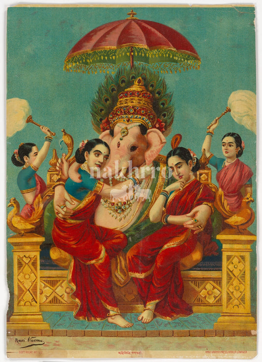 Lord Ganesha seated with Riddhi and Siddhi in vintage devotional art