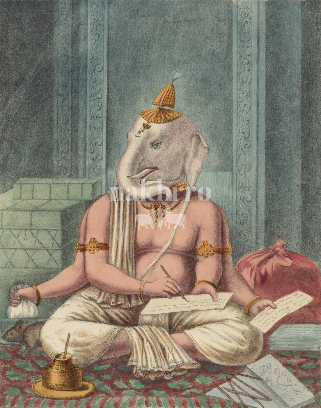 Ganesha seated with a manuscript in an Indian miniature painting