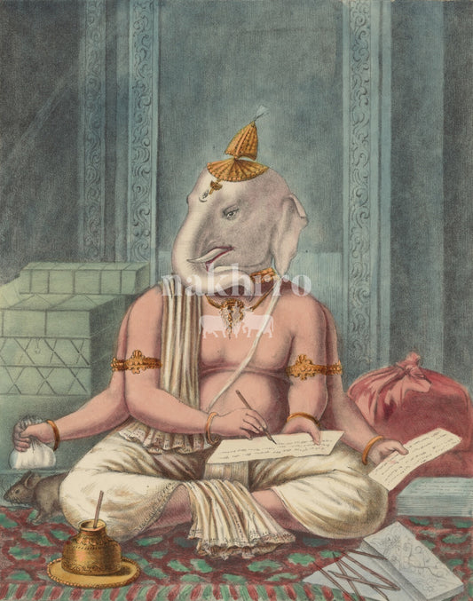 Ganesha seated with a manuscript in an Indian miniature painting