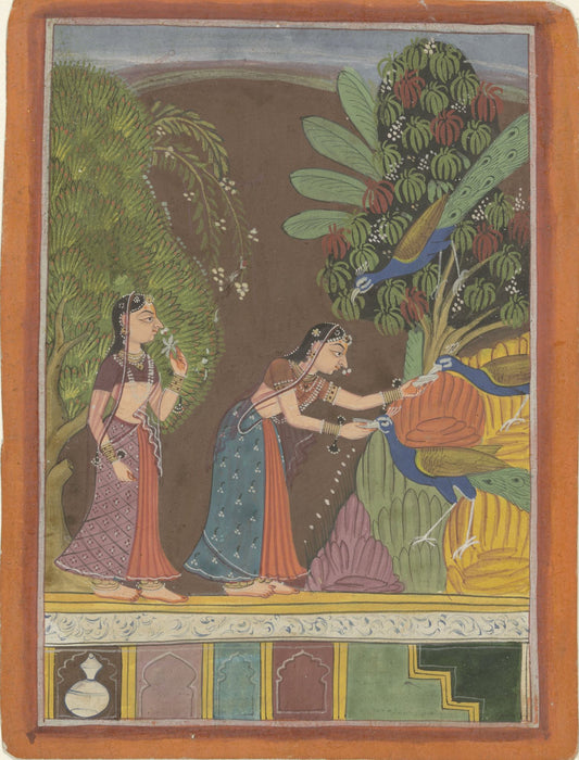 A group of women gathers beneath broad banana leaves, their flowing garments set against dense green foliage and a decorated terrace.