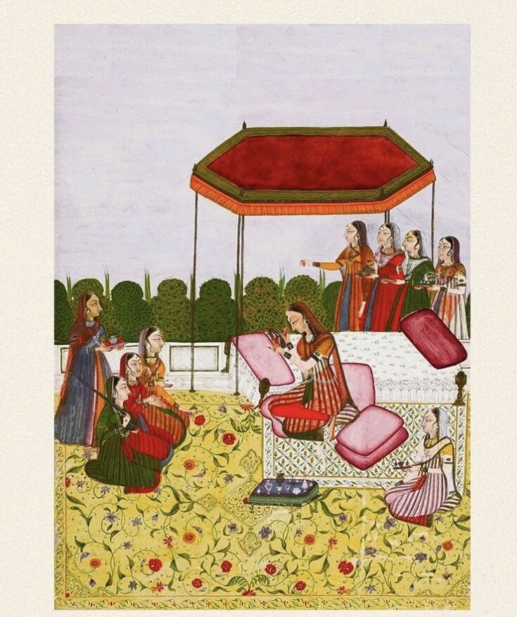 Indian miniature painting of a garden gathering beneath a canopy