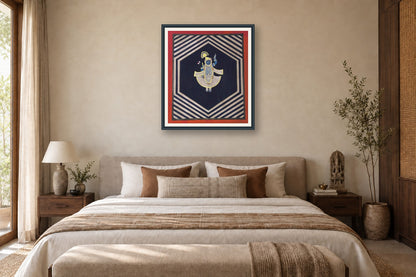Geometric Shrinath Ji Pichwai styled in a premium bedroom