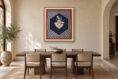 Geometric Shrinath Ji Pichwai styled in a premium dining room