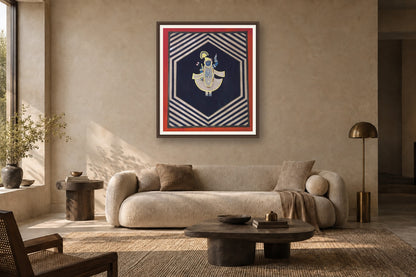 Geometric Shrinath Ji Pichwai styled in a premium living room