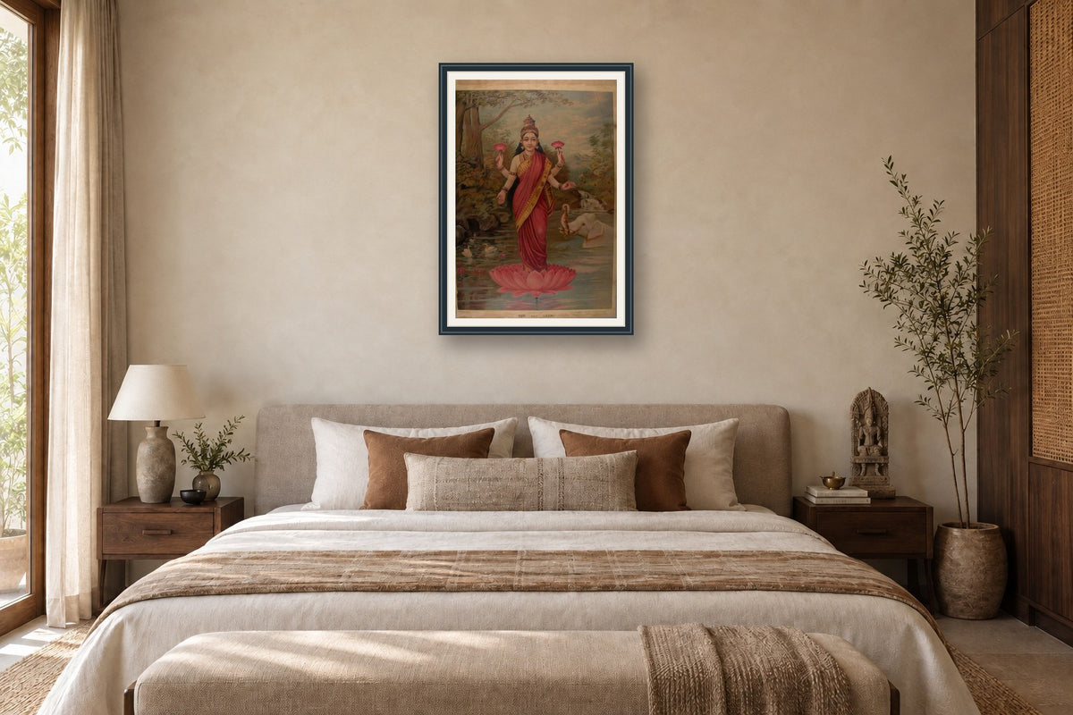 Goddess Lakshmi on Lotus museum-grade art print in a bedroom