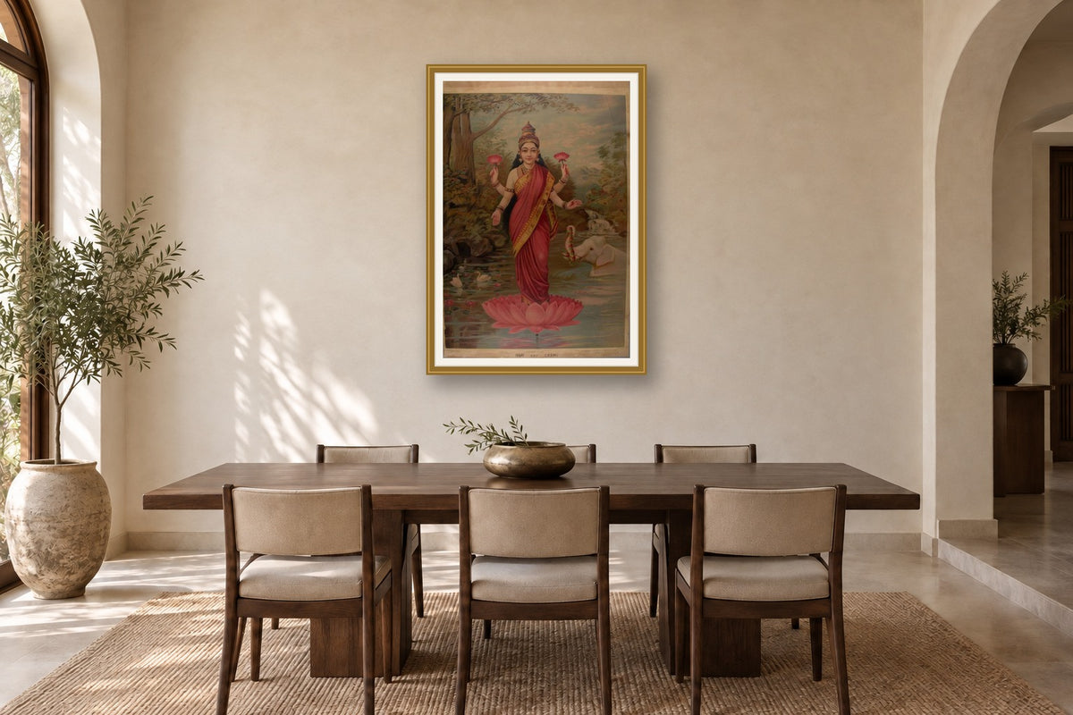Goddess Lakshmi on Lotus museum-grade art print in a dining room