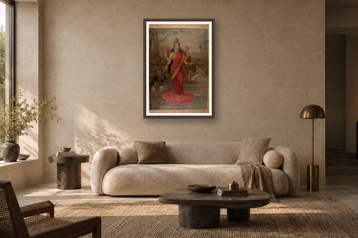 Goddess Lakshmi on Lotus museum-grade art print in a living room