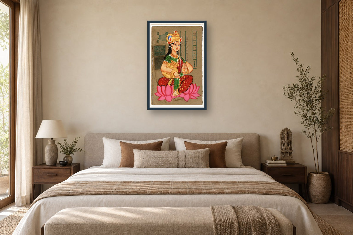 Gold Coin Laxmi Ji Blessing Postcard styled in a premium bedroom