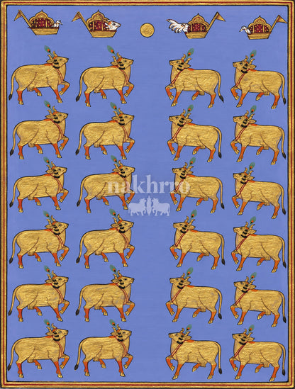 Golden Cow Procession on Lavender | Pichwai Museum-Grade Art Print