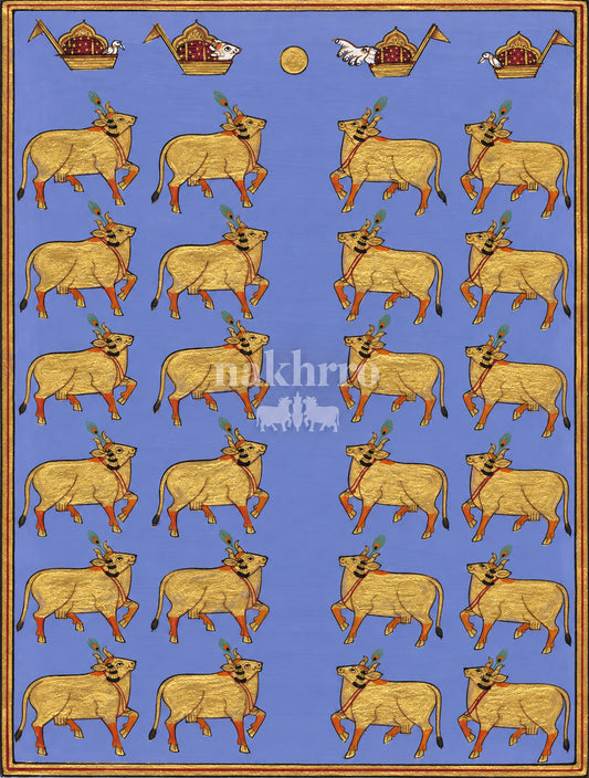 Golden Cow Procession on Lavender | Pichwai Museum-Grade Art Print