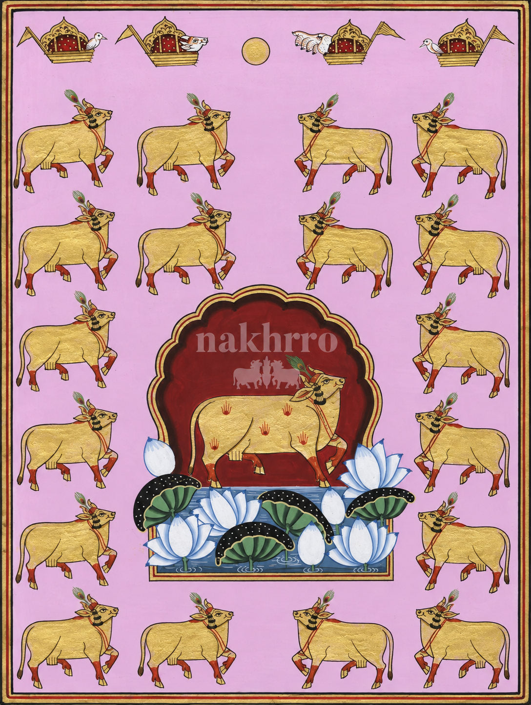 Golden Cows and Lotus Arch on Pink | Pichwai Museum-Grade Art Print