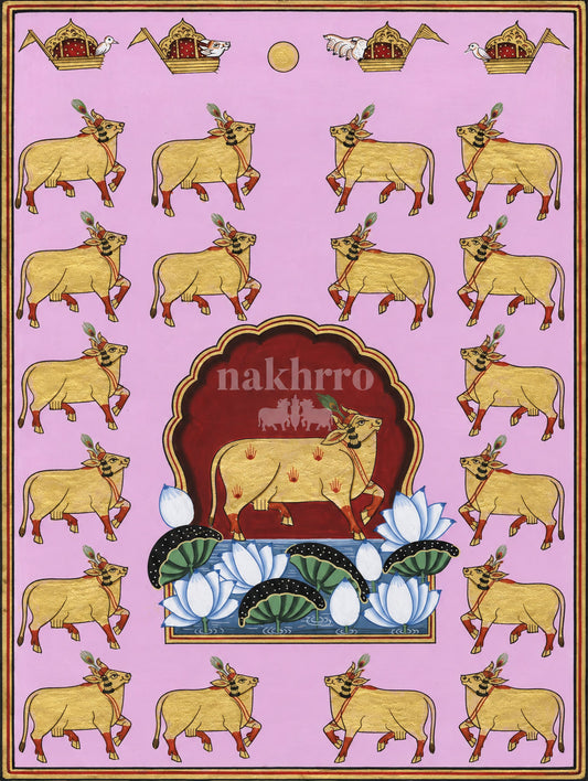 Golden Cows and Lotus Arch on Pink | Pichwai Museum-Grade Art Print
