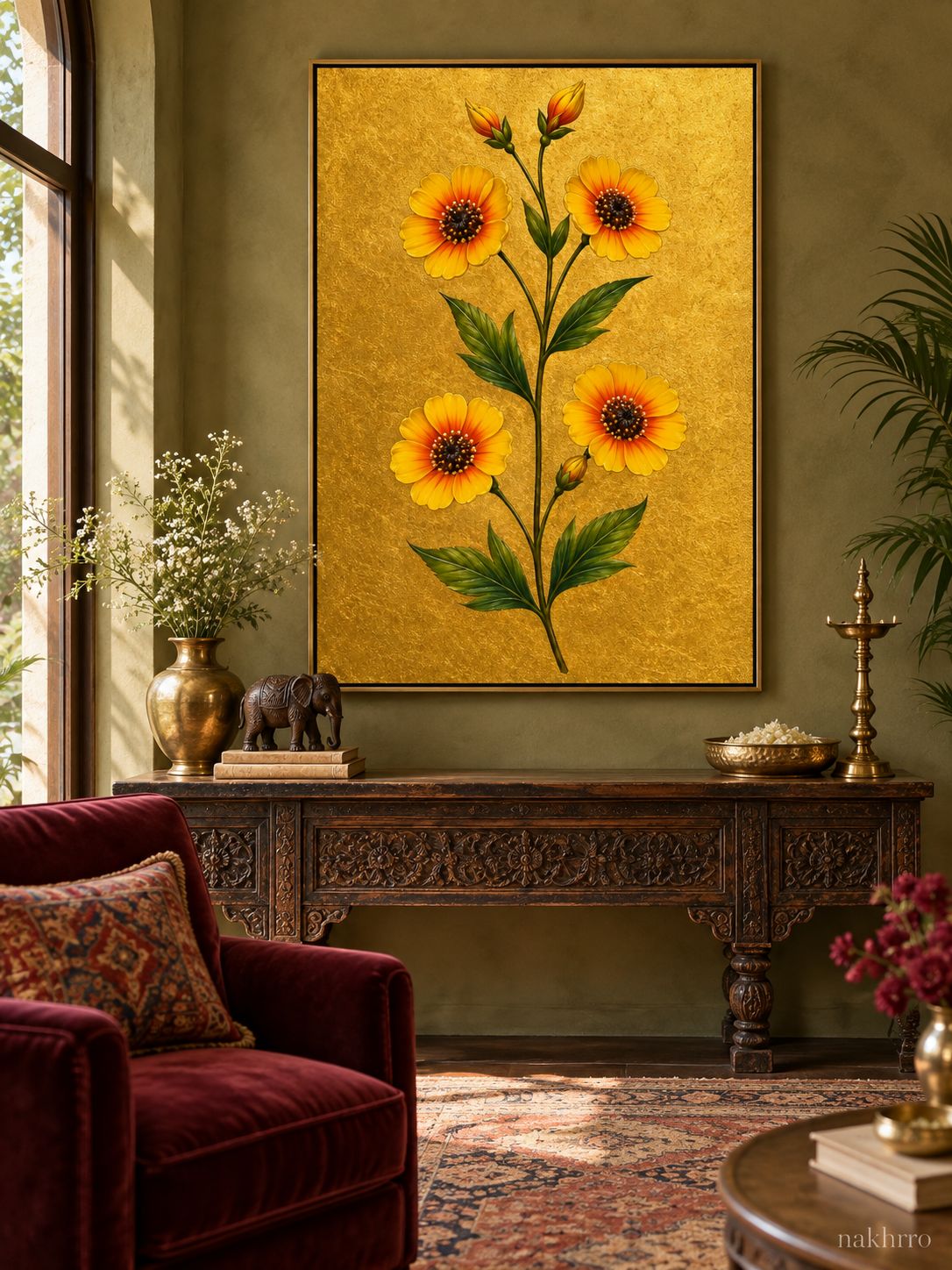 Golden Daisy Flowers on Gold | Mughal Botanical Art Print in a styled room