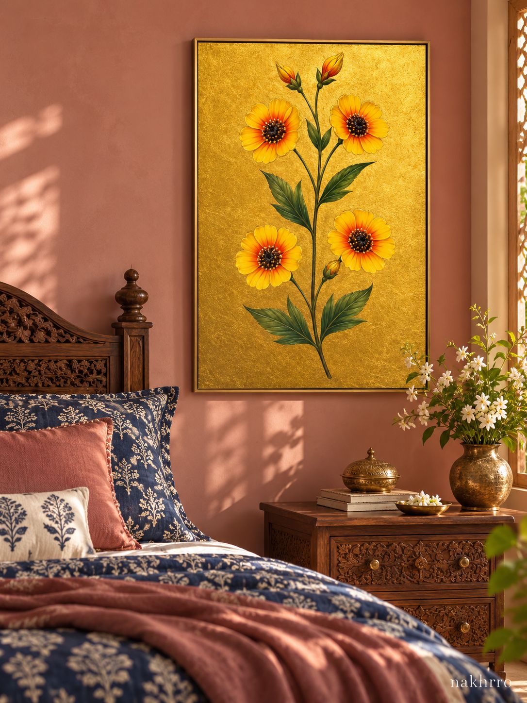 Golden Daisy Flowers on Gold | Mughal Botanical Art Print in a styled room