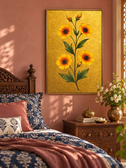Golden Daisy Flowers on Gold | Mughal Botanical Art Print in a styled room