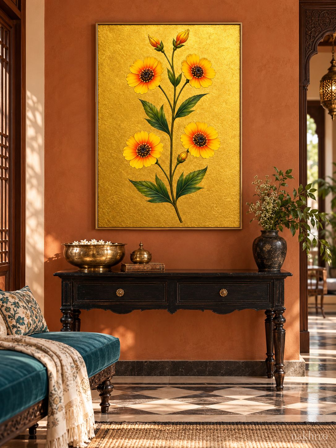 Golden Daisy Flowers on Gold | Mughal Botanical Art Print in a styled room