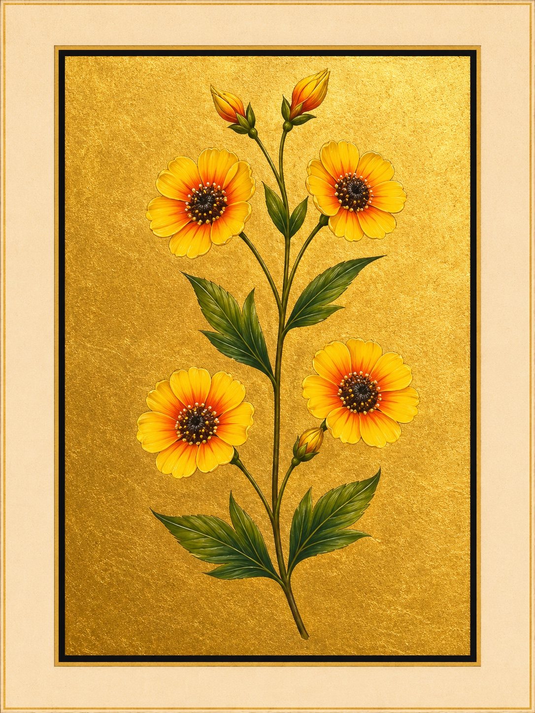 Four yellow daisy-like flowers with dark centres grow on a tall branching stem. Gold-ground botanical art.