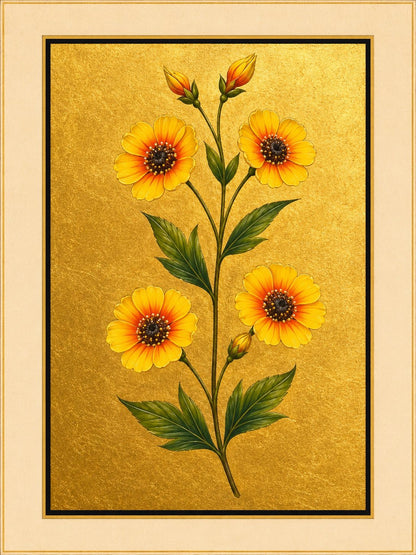 Four yellow daisy-like flowers with dark centres grow on a tall branching stem. Gold-ground botanical art.