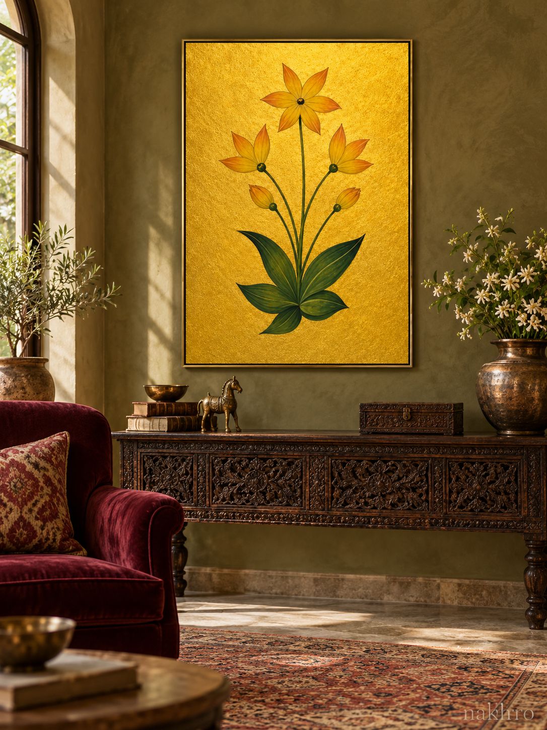 Golden Star Flowers on Gold | Mughal Botanical Art Print in a styled room