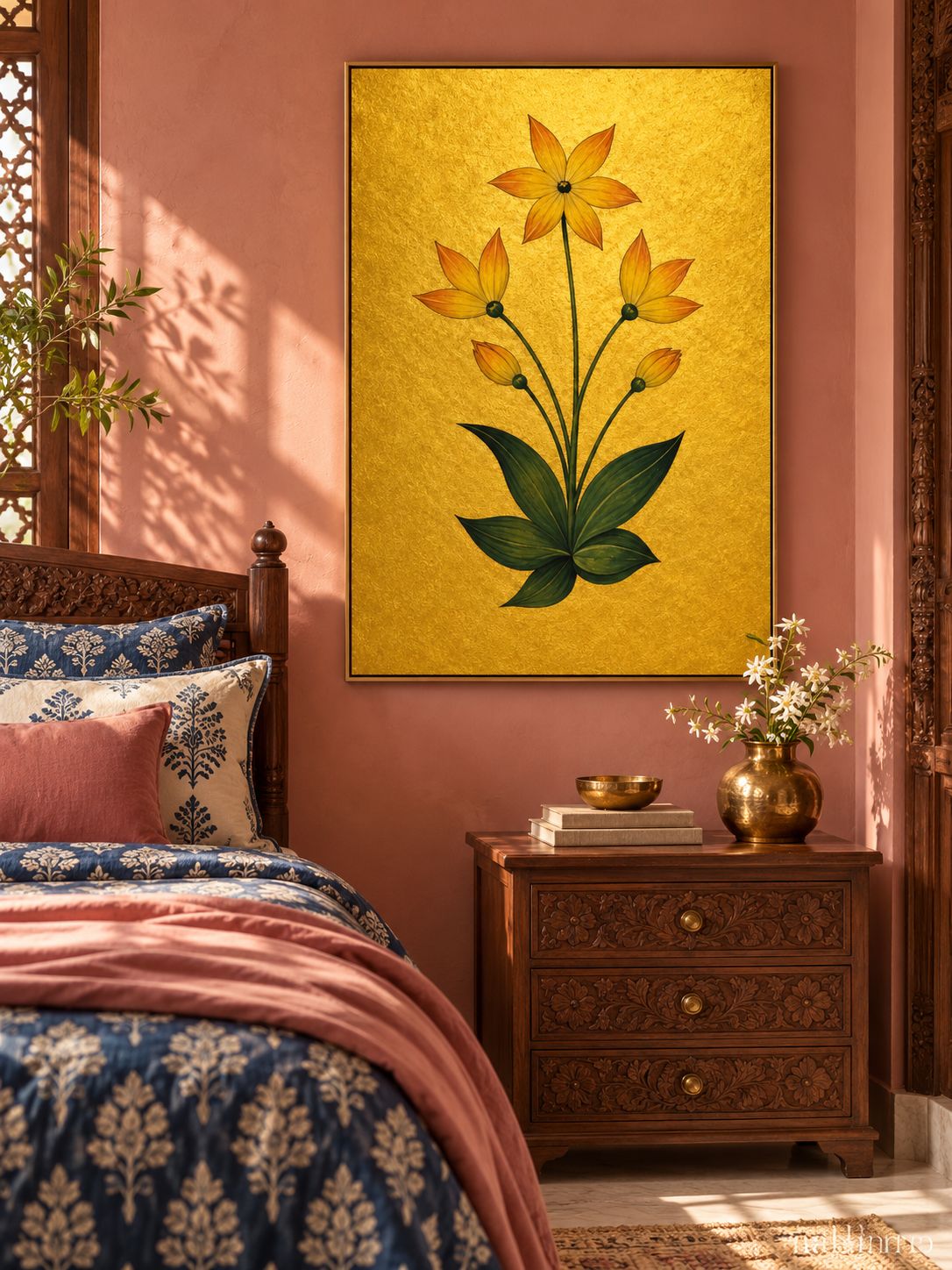 Golden Star Flowers on Gold | Mughal Botanical Art Print in a styled room