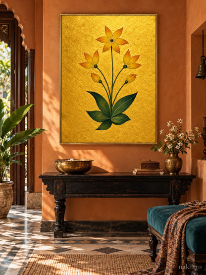 Golden Star Flowers on Gold | Mughal Botanical Art Print in a styled room