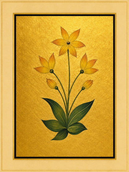 Three yellow star-shaped flowers and two buds emerge from broad green leaves. Gold-ground botanical art.