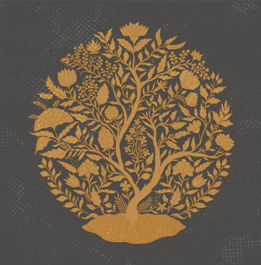 Golden Tree of Life botanical artwork on a charcoal background