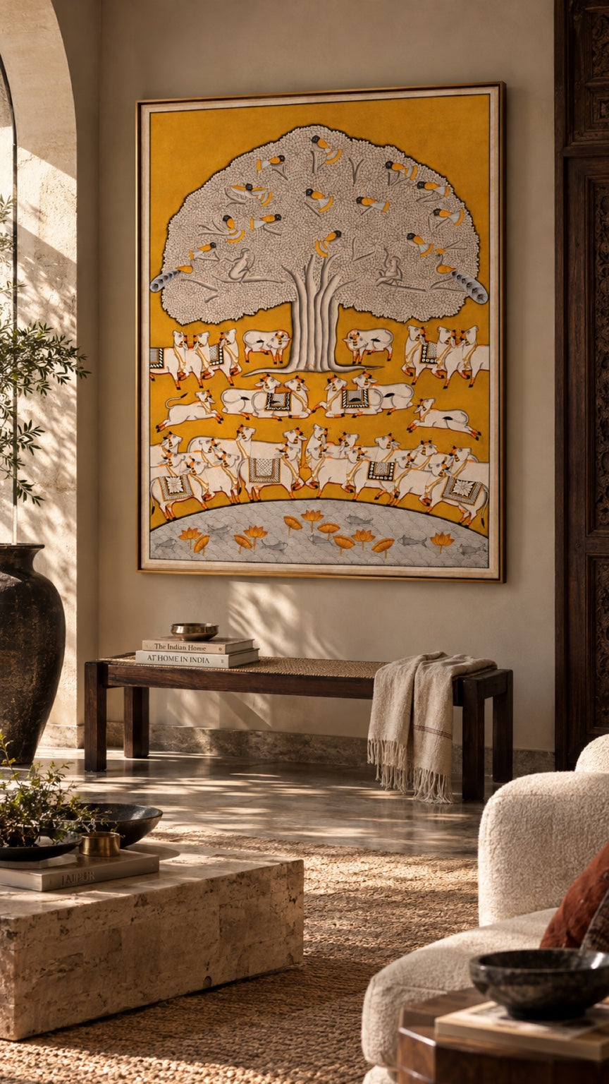 Golden Tree of Life with cows contemporary Pichwai art print in a luxury interior