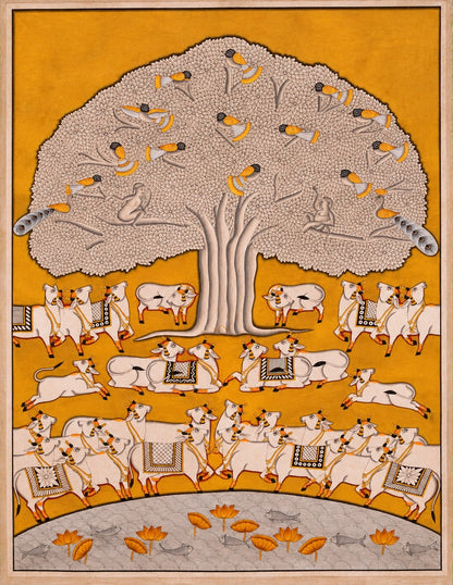 Golden Tree of Life with cows contemporary Pichwai artwork