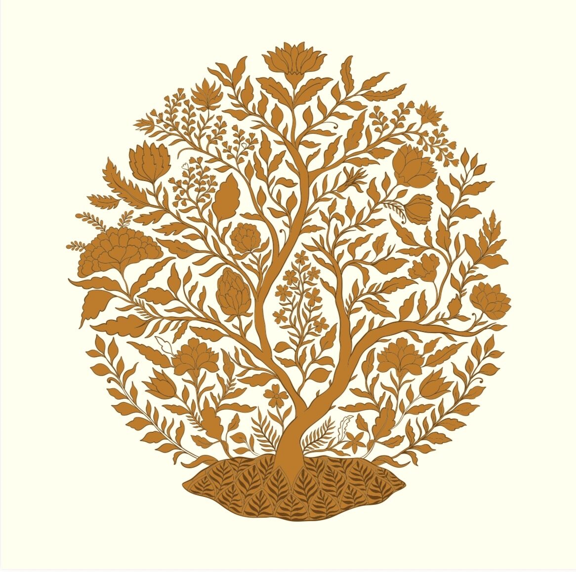 Golden Tree of Life botanical artwork on an ivory background