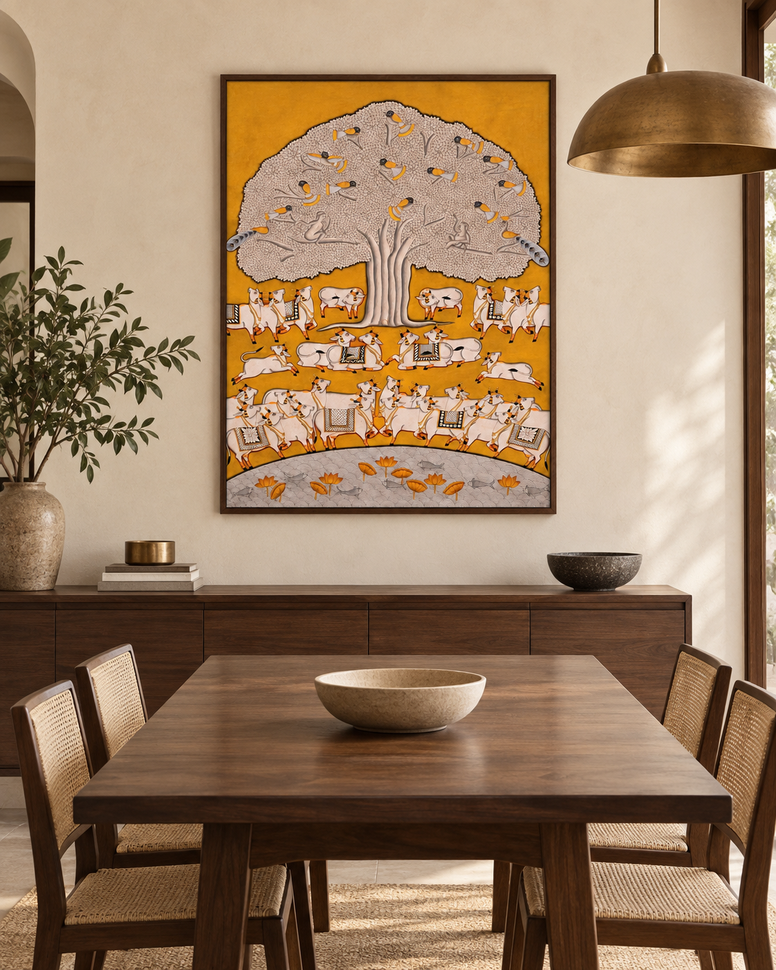 Golden Tree of Life Pichwai art in a contemporary dining room