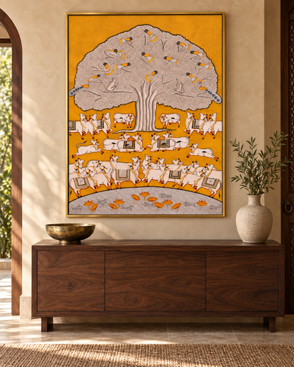 Golden Tree of Life Pichwai art in a refined entryway