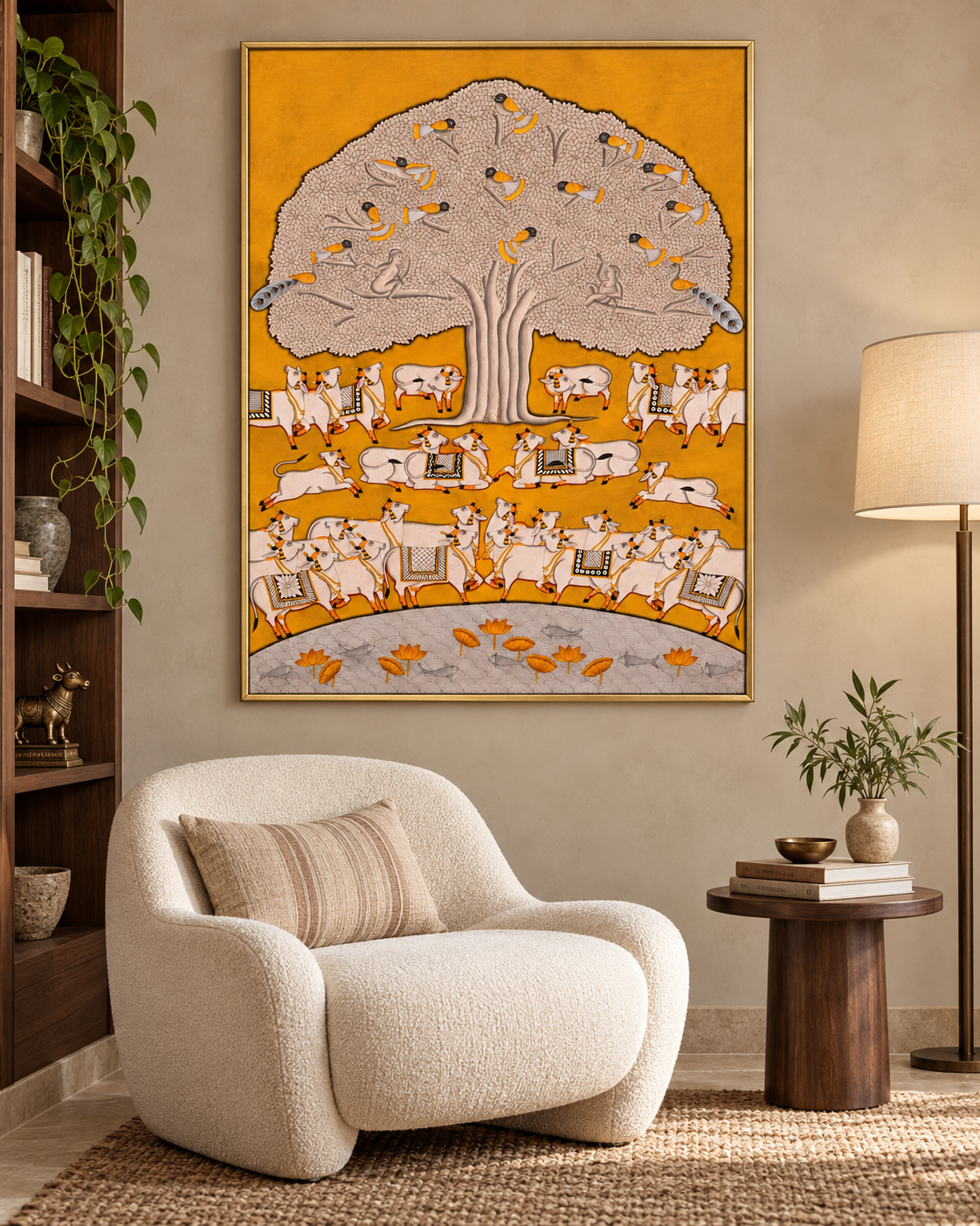 Golden Tree of Life Pichwai art in a contemporary reading room