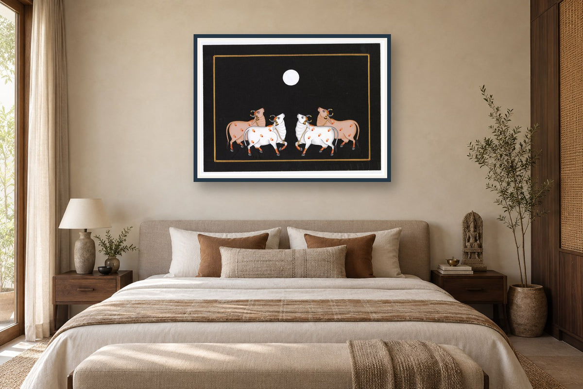 Gopashtami Full Moon Kamdhenu styled in a premium bedroom