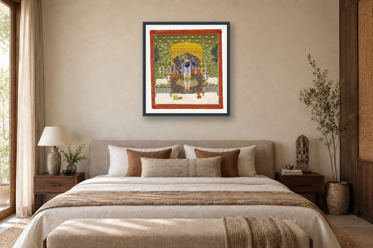 Gopashtami Shrinath Ji Darshan Pichwai styled in a premium bedroom
