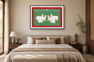 Green Full Moon Kamdhenu Pichwai styled in a premium bedroom