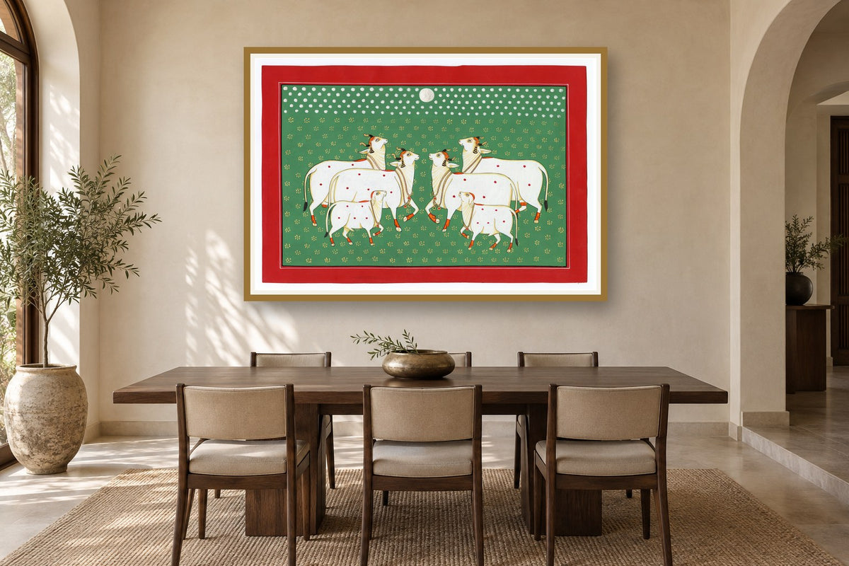 Green Full Moon Kamdhenu Pichwai styled in a premium dining room