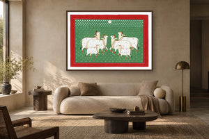 Green Full Moon Kamdhenu Pichwai styled in a premium living room