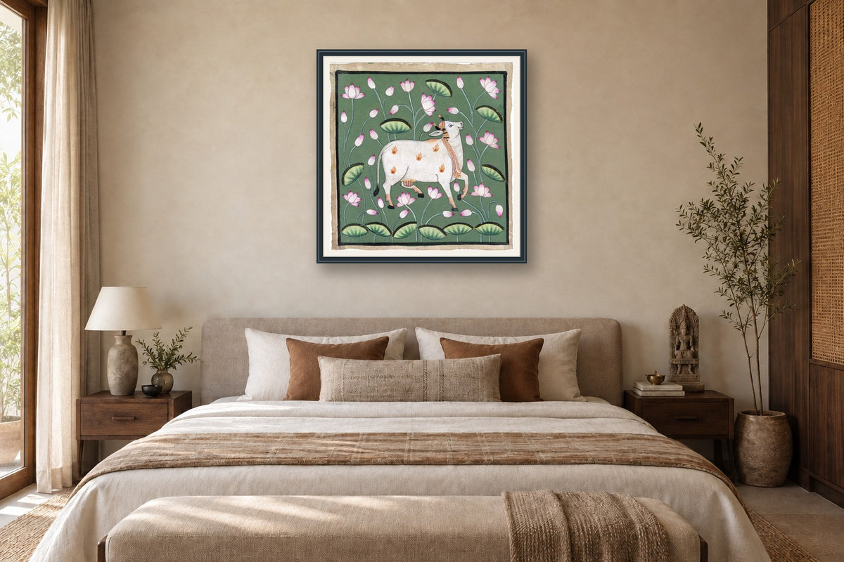 Green Kamdhenu Around Lotuses styled in a premium bedroom