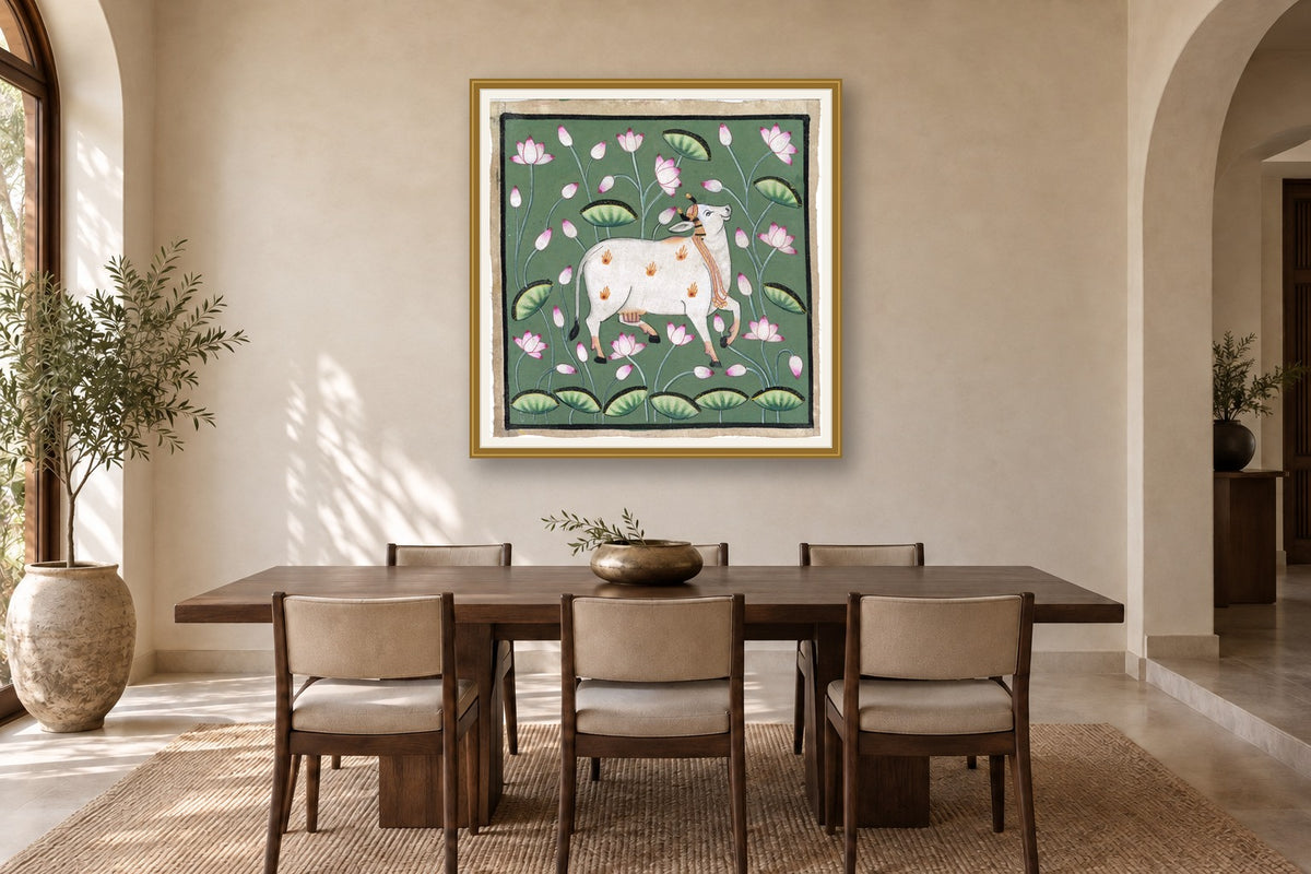 Green Kamdhenu Around Lotuses styled in a premium dining room
