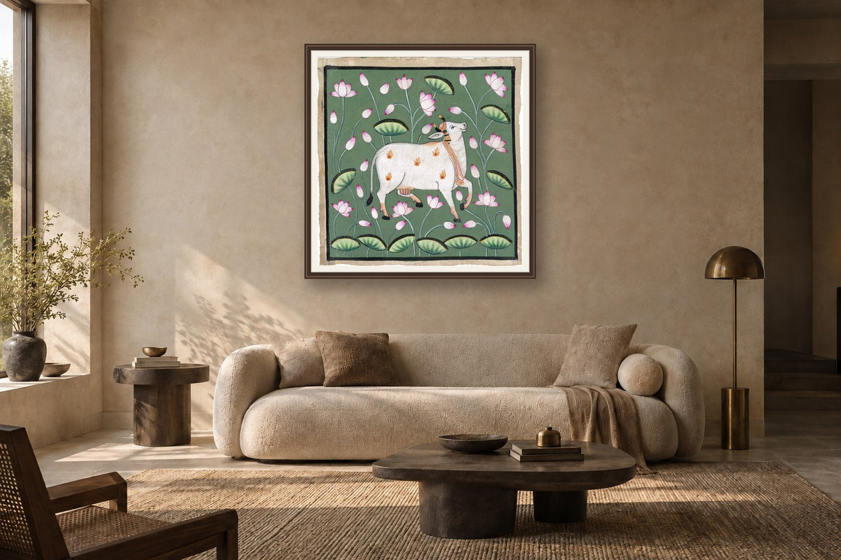 Green Kamdhenu Around Lotuses styled in a premium living room