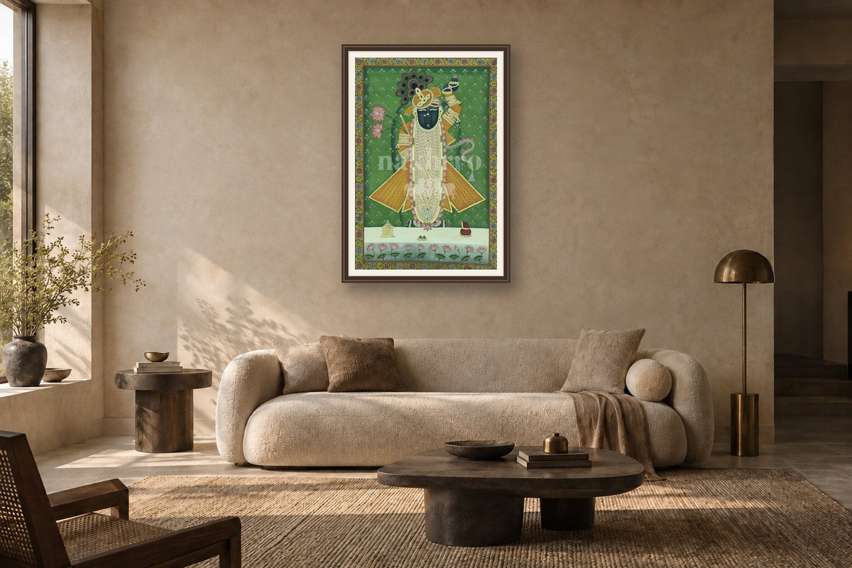 Shrinathji Pichwai Art Print in Green – Museum-Grade styled in a premium living room