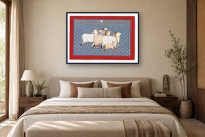 Grey Full Moon Kamdhenu Pichwai styled in a premium bedroom
