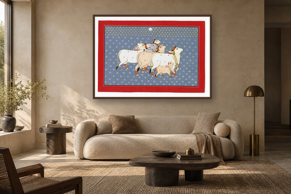 Grey Full Moon Kamdhenu Pichwai styled in a premium living room
