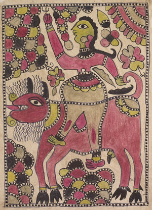 Ceremonial rider on horseback in earthy Mithila folk art