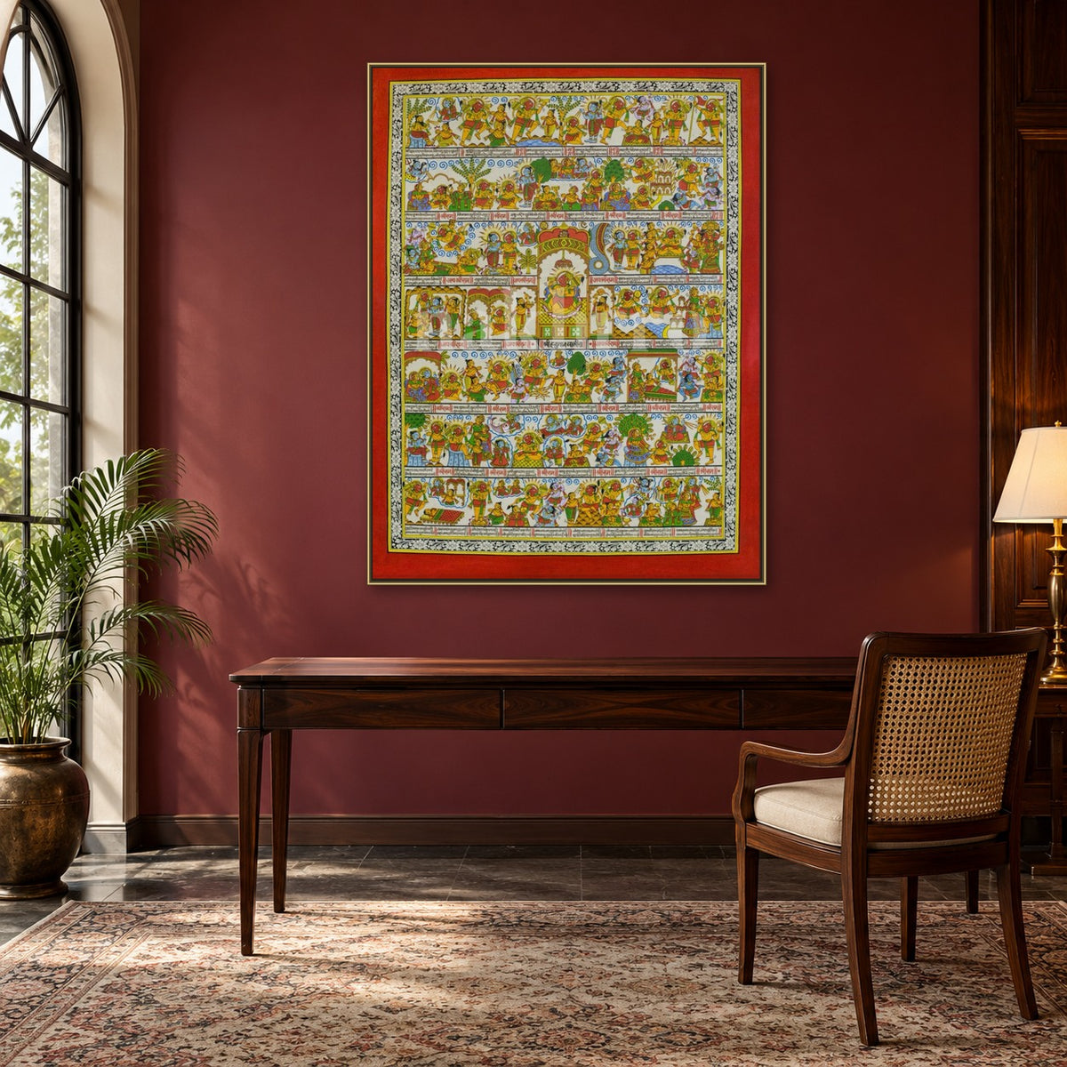 Hanuman Chalisa Art Print | Archival Paper & Canvas — study room styling mockup; frame shown for illustration